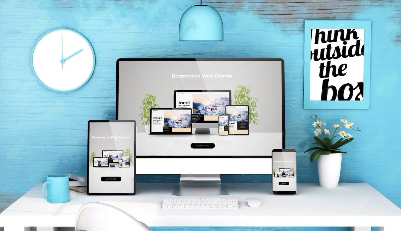 Modern desktop computer, tablet and phone showcasing a professional custom WordPress website design.