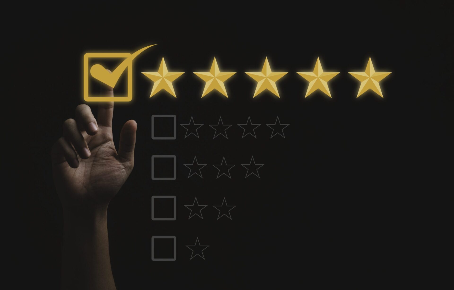 Hand placing a five-star rating block, symbolizing expert reputation management services.